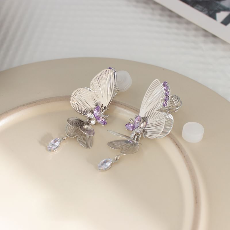 Earring On Rhinestone Clip / Drop Butterfly