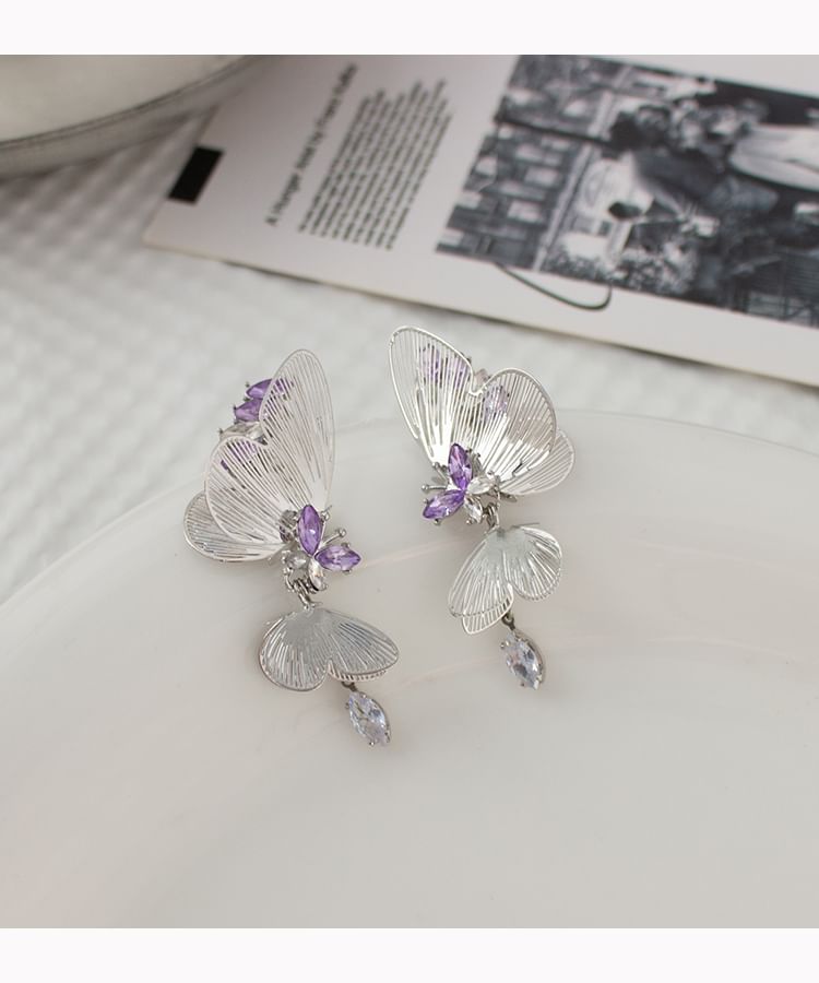 Earring On Rhinestone Clip / Drop Butterfly