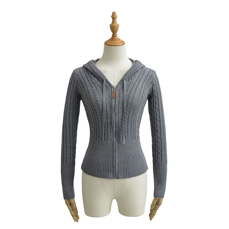Hooded Cable Knit Zip Cardigan with High Waist Shorts