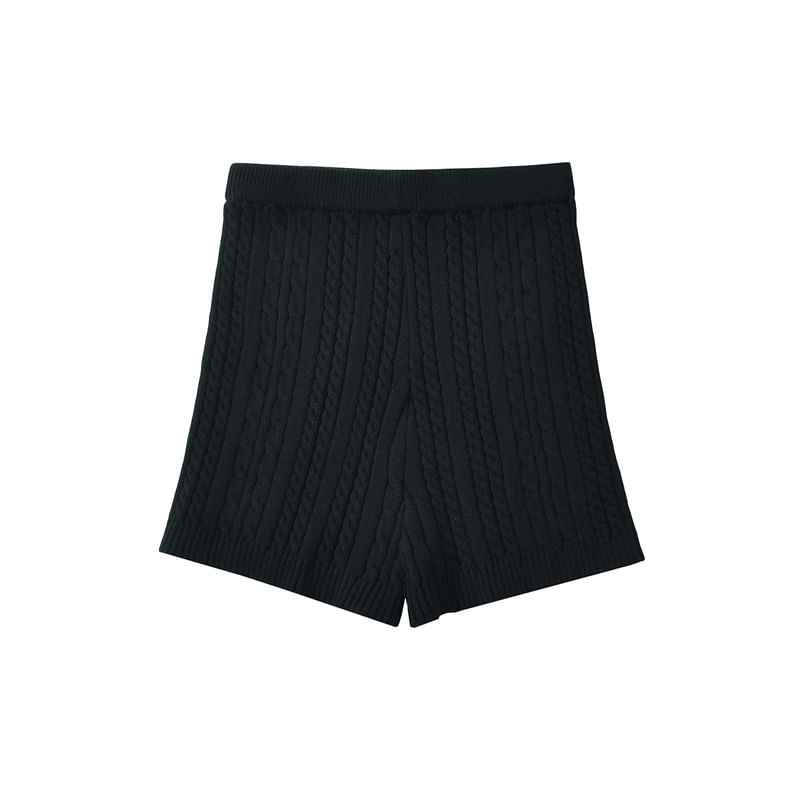 Hooded Cable Knit Zip Cardigan with High Waist Shorts