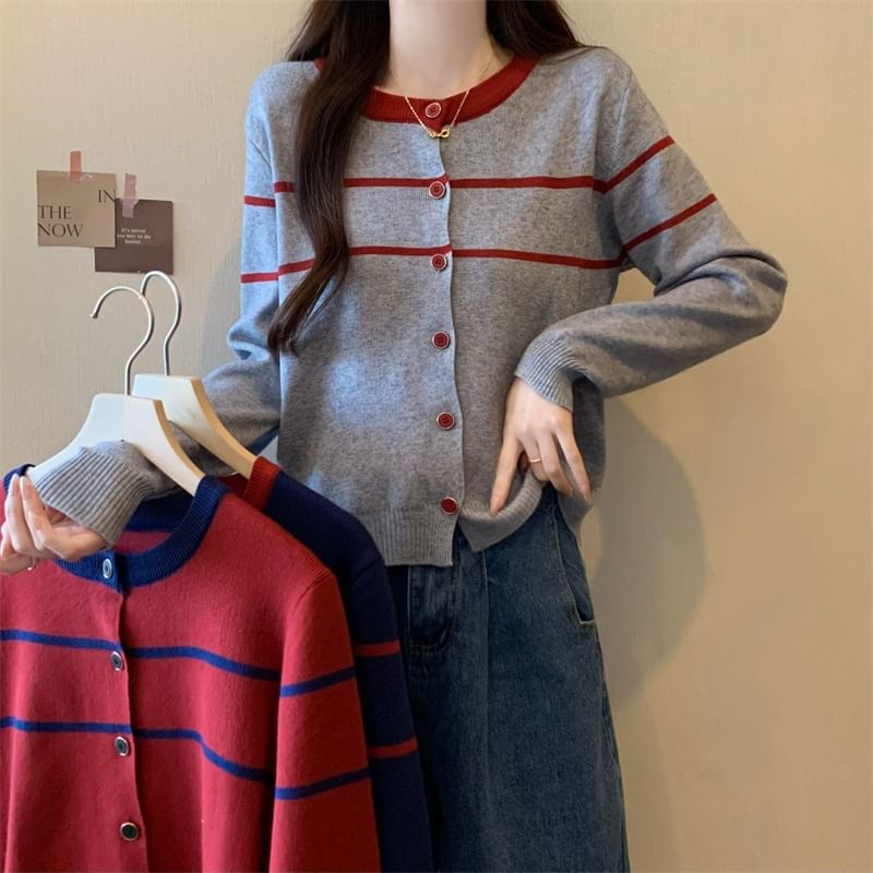 Two-Tone Striped Round Neck Cardigan