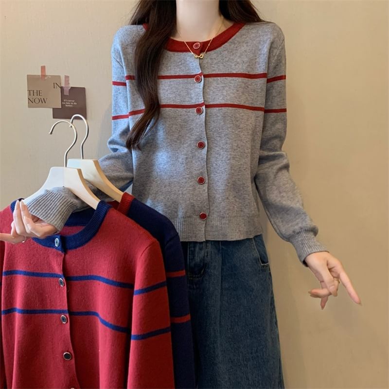 Two-Tone Striped Round Neck Cardigan