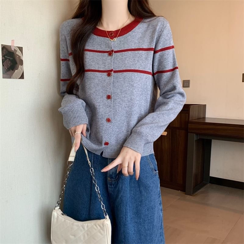 Two-Tone Striped Round Neck Cardigan