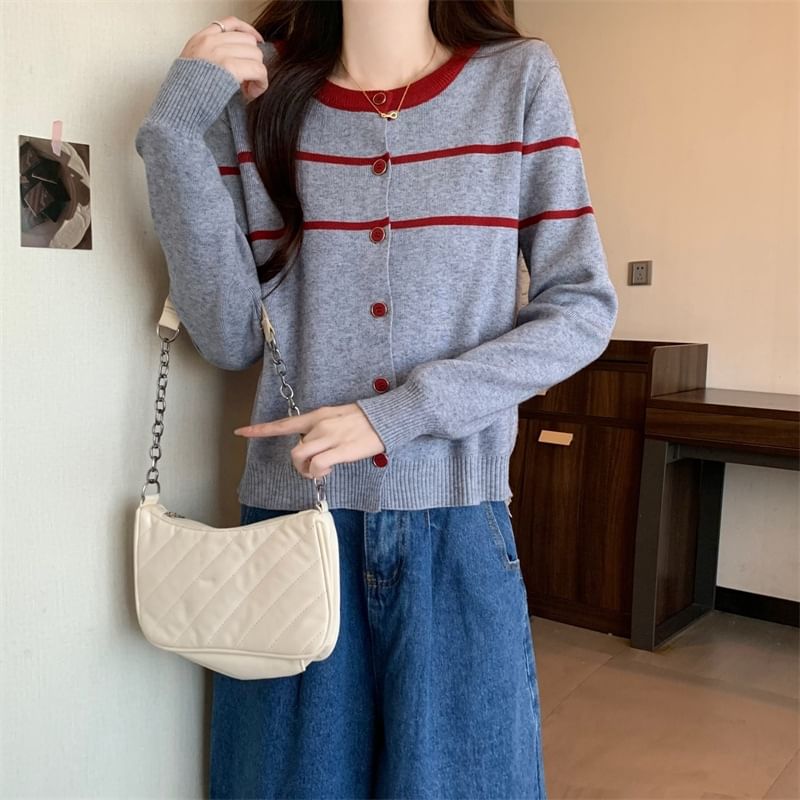 Two-Tone Striped Round Neck Cardigan