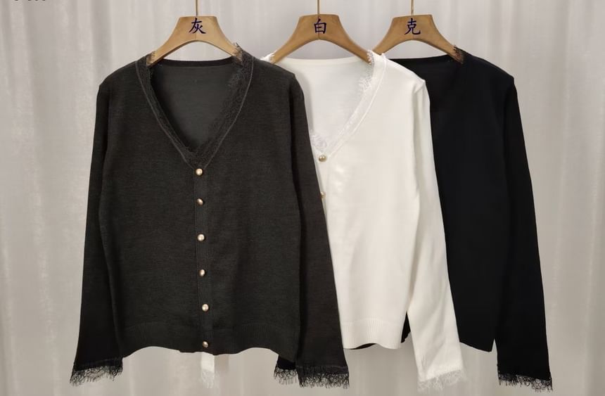 Lace Trim V-Neck Cardigan