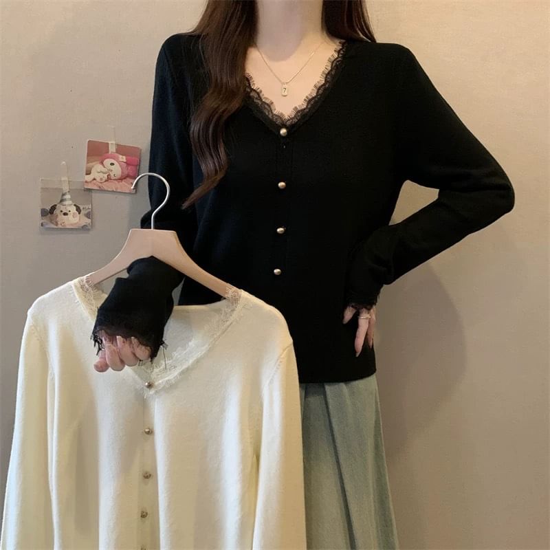Lace Trim V-Neck Cardigan