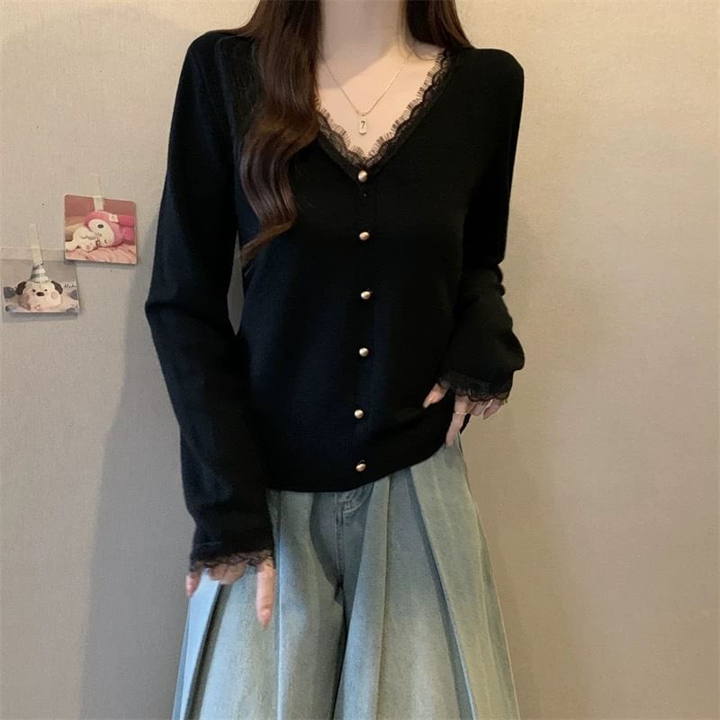 Lace Trim V-Neck Cardigan