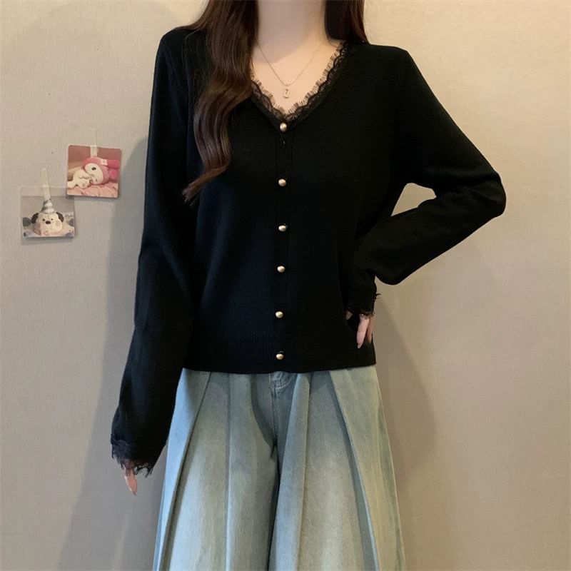Lace Trim V-Neck Cardigan