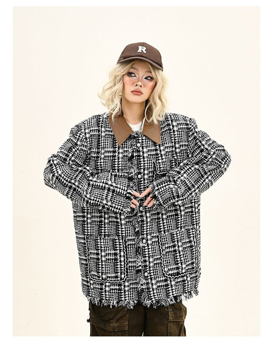 Contrast Collar Plaid Fringed Tweed Button Jacket