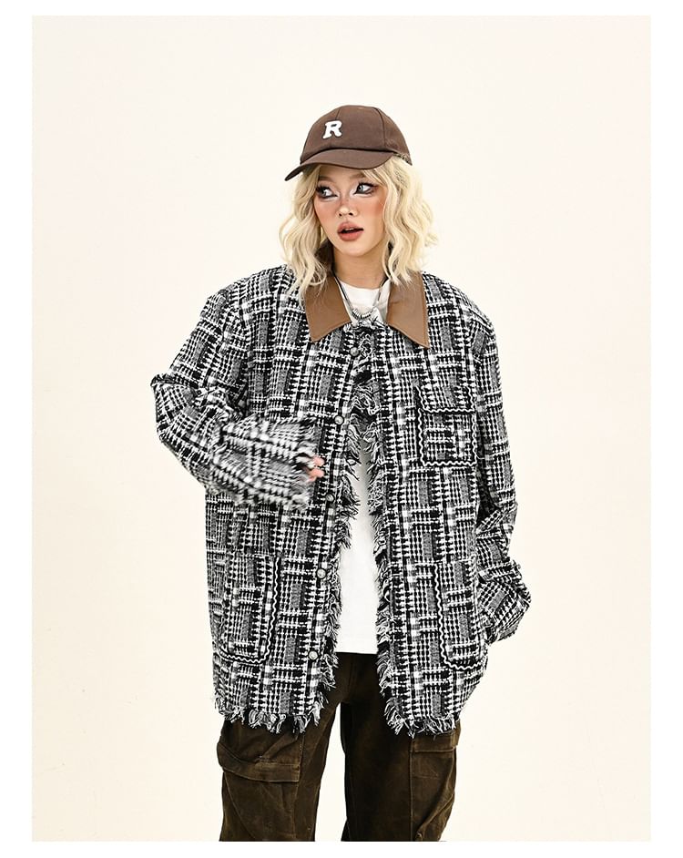 Contrast Collar Plaid Fringed Tweed Button Jacket