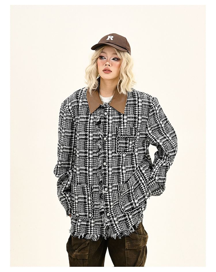 Contrast Collar Plaid Fringed Tweed Button Jacket