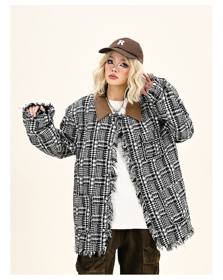 Contrast Collar Plaid Fringed Tweed Button Jacket