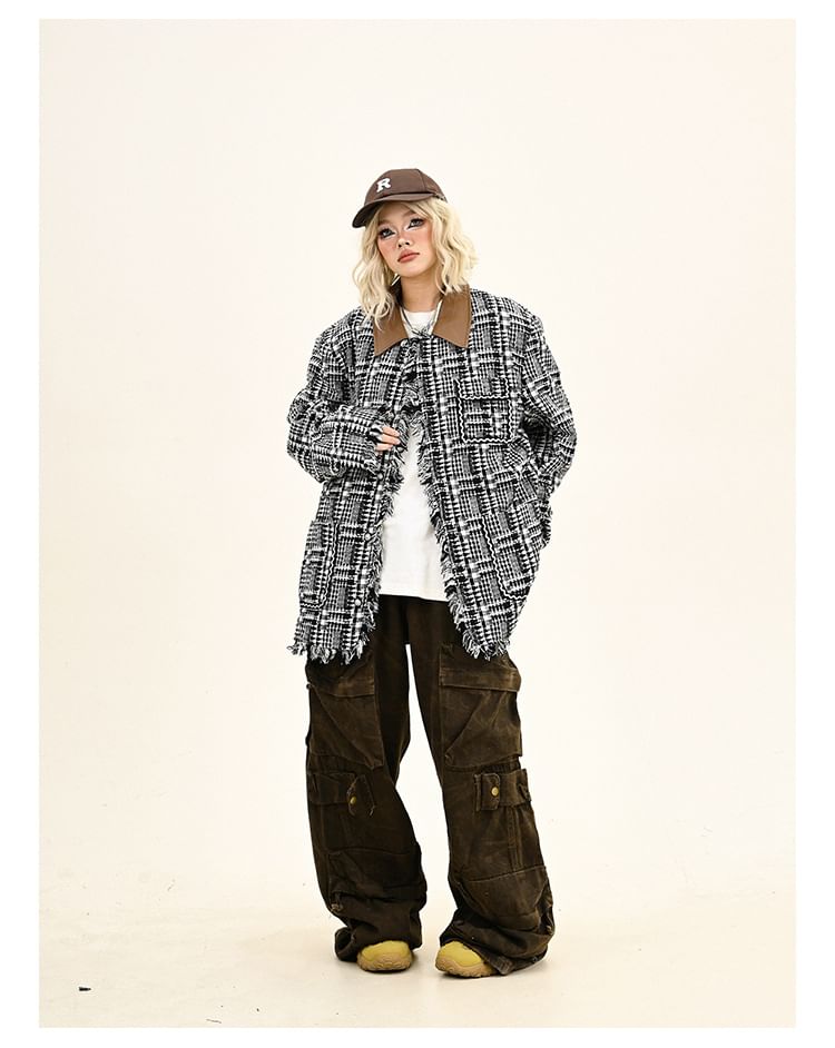 Contrast Collar Plaid Fringed Tweed Button Jacket