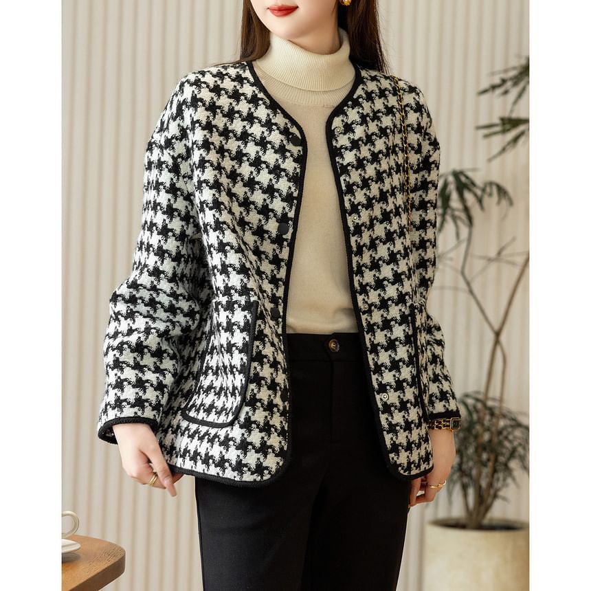 Round Neck Houndstooth Tweed Button Jacket