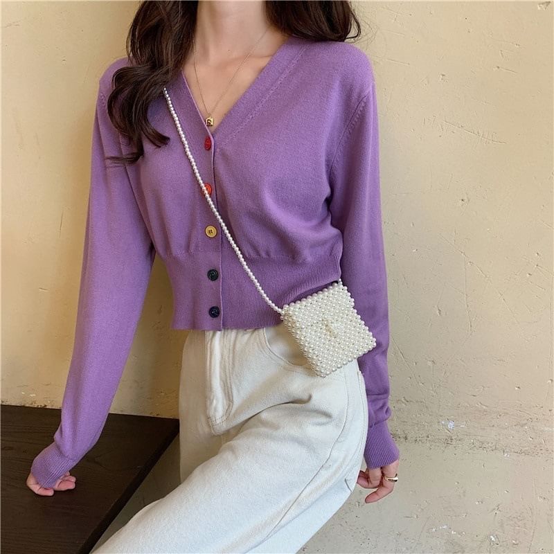 Cropped V-Neck Plain Cardigan