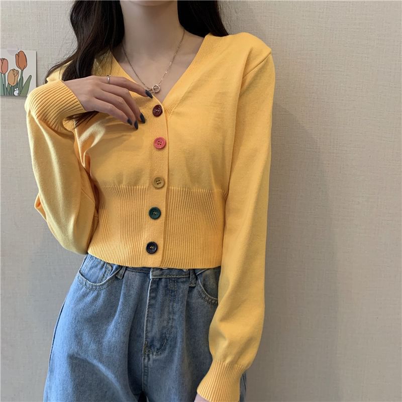 Cropped V-Neck Plain Cardigan