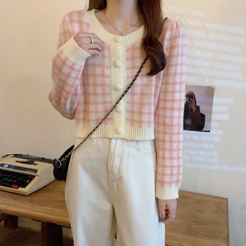 Plaid Round Neck Cardigan