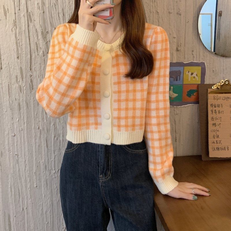 Plaid Round Neck Cardigan