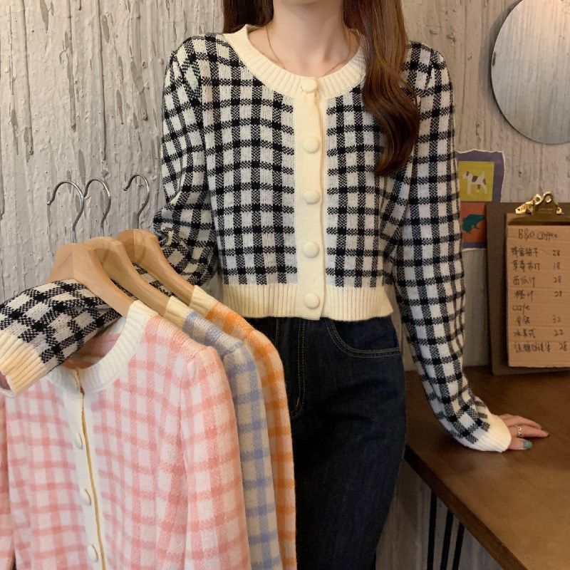 Plaid Round Neck Cardigan