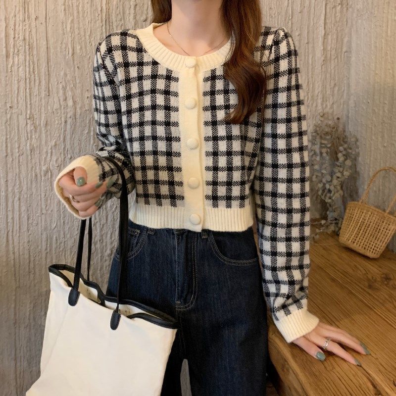 Plaid Round Neck Cardigan