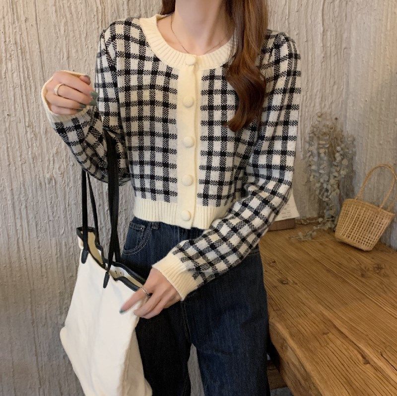 Plaid Round Neck Cardigan