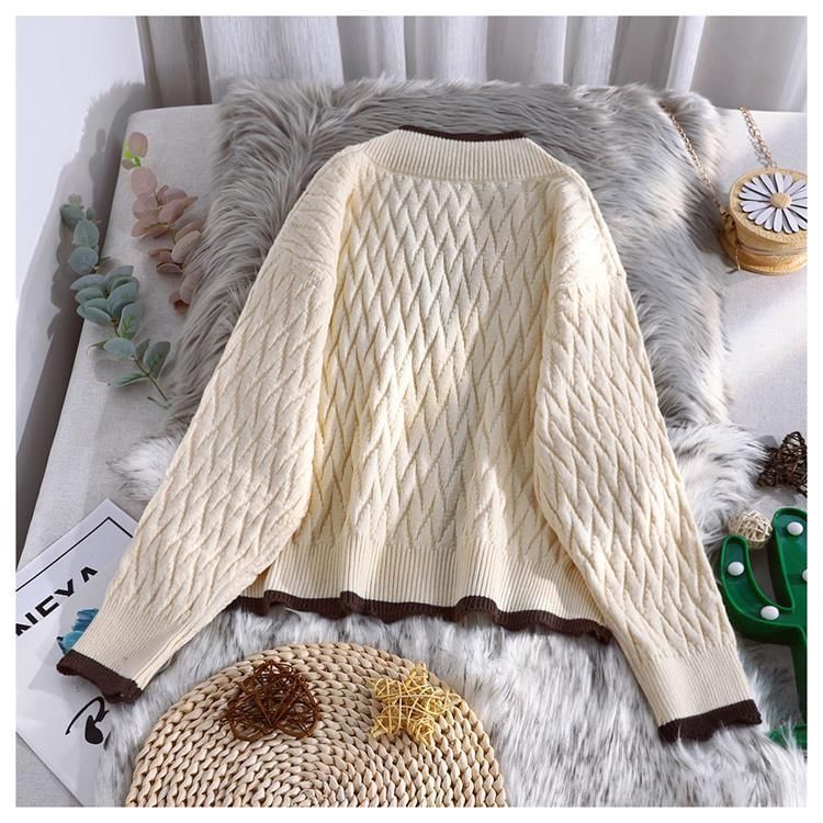 Contrast Trim Quilted V-Neck Plain Cardigan