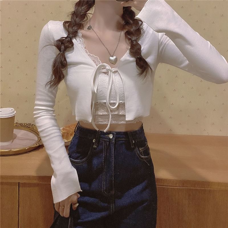 Cropped Lace-Up Plain Cardigan