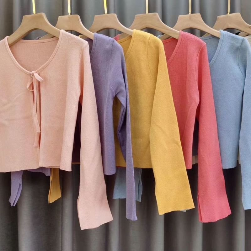 Cropped Lace-Up Plain Cardigan