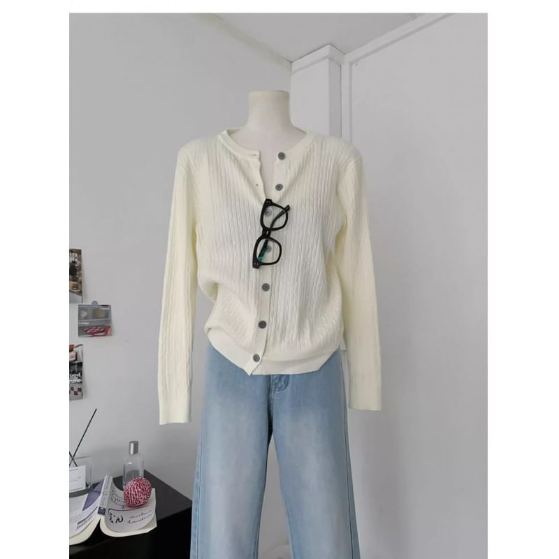 Button-Up Crewneck Plain Cardigan