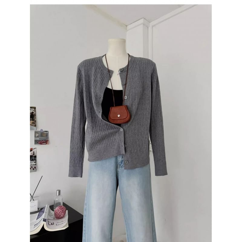 Button-Up Crewneck Plain Cardigan