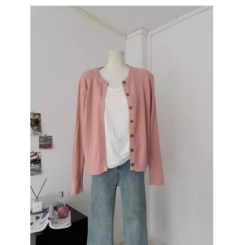 Button-Up Crewneck Plain Cardigan