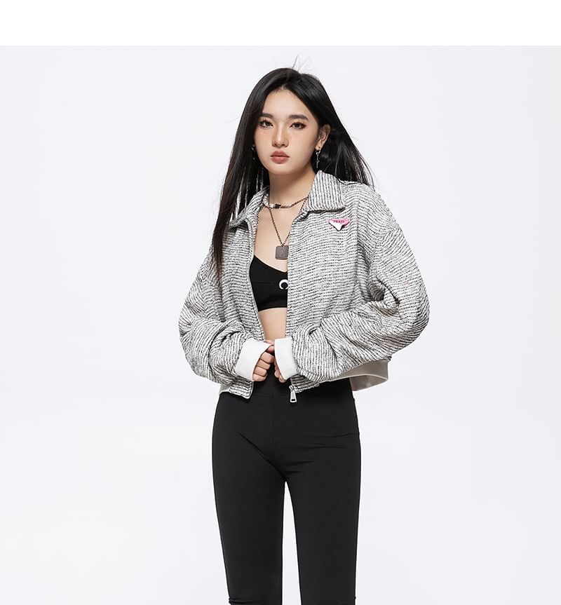 Letter Embroidered Tweed Zip Jacket