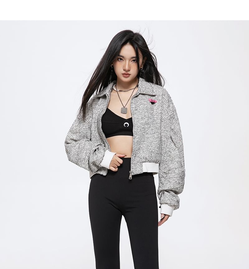 Letter Embroidered Tweed Zip Jacket