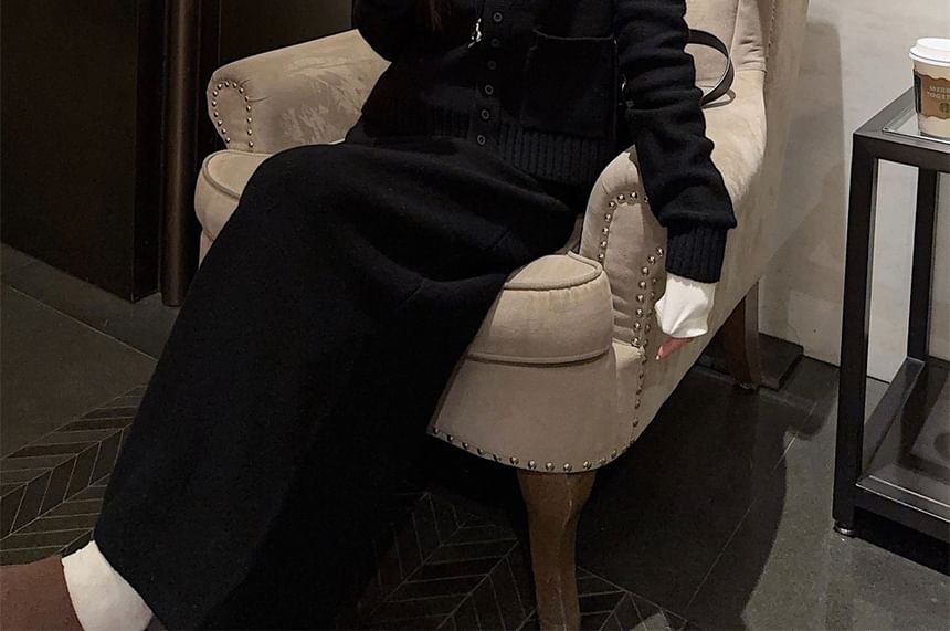 Collared Multi-Pocket Cardigan & High-Waist Knit Maxi Skirt Set