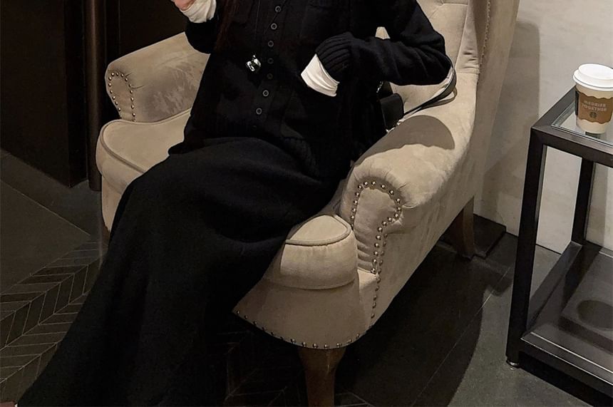 Collared Multi-Pocket Cardigan & High-Waist Knit Maxi Skirt Set