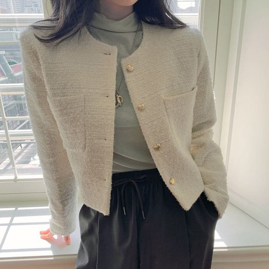 Crew Neck Button-Up Plain Tweed Crop Jacket
