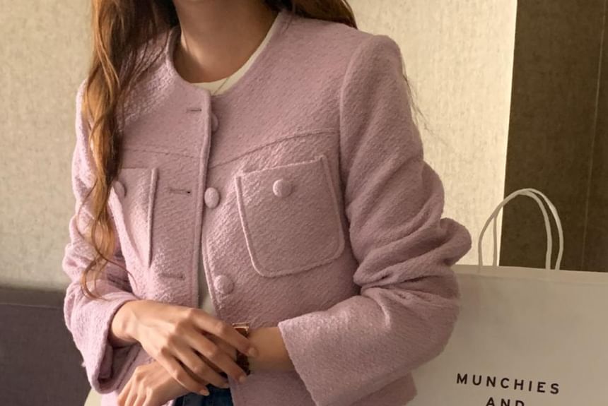 Crew Neck Button-Up Plain Tweed Crop Jacket