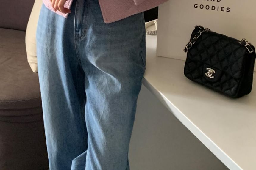 Crew Neck Button-Up Plain Tweed Crop Jacket