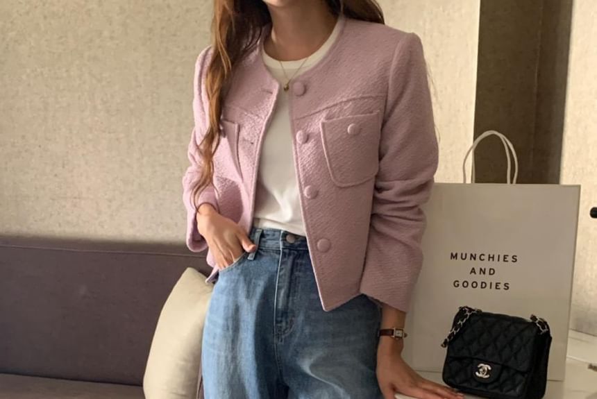 Crew Neck Button-Up Plain Tweed Crop Jacket