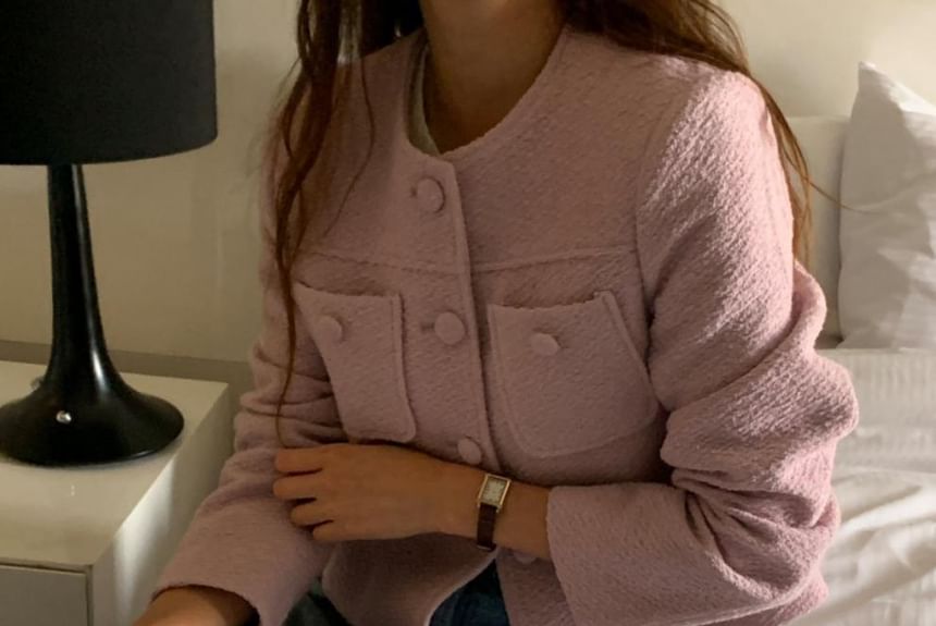 Crew Neck Button-Up Plain Tweed Crop Jacket