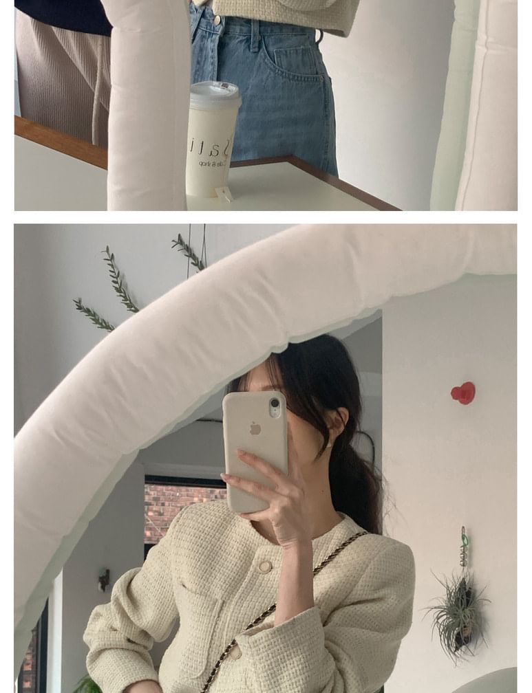 Crew Neck Button-Up Plain Tweed Crop Jacket