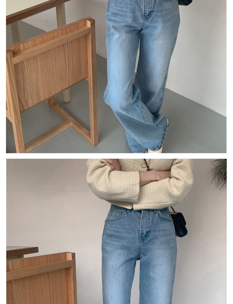 Crew Neck Button-Up Plain Tweed Crop Jacket