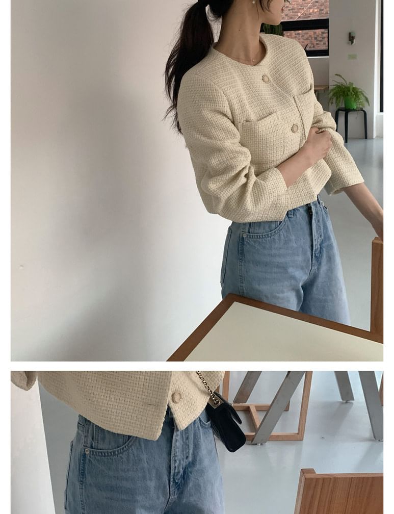 Crew Neck Button-Up Plain Tweed Crop Jacket