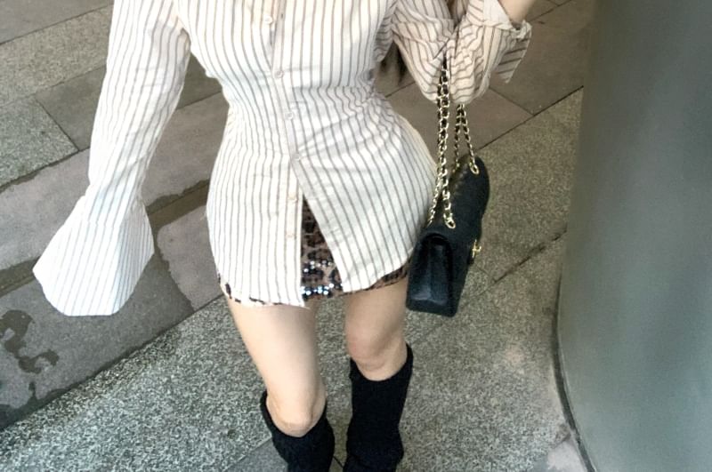Print Long-Sleeve Mini Waist High Shirt Up Skirt Collared Striped Button Leopard Pencil /