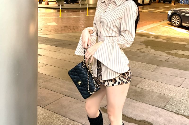 Print Long-Sleeve Mini Waist High Shirt Up Skirt Collared Striped Button Leopard Pencil /