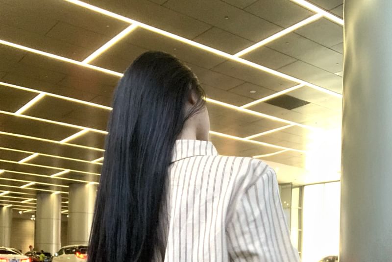 Print Long-Sleeve Mini Waist High Shirt Up Skirt Collared Striped Button Leopard Pencil /