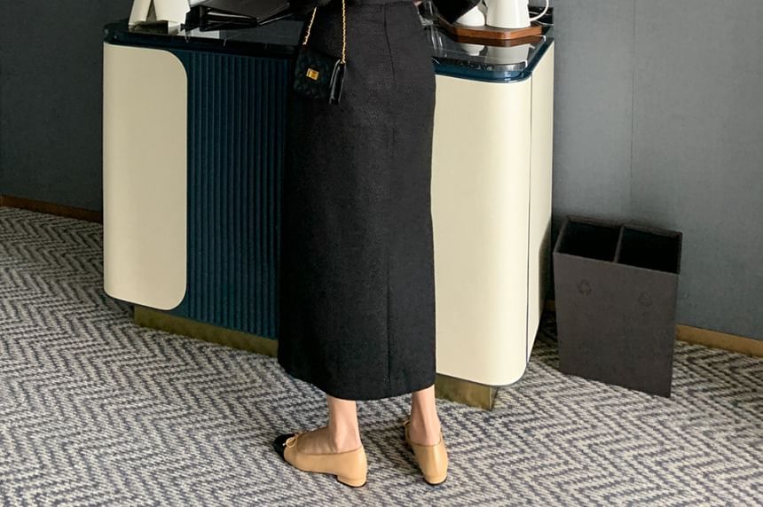 Notch Lapel Single-Breasted Plain Tweed Crop Blazer / High Rise Slit Midi Pencil Skirt