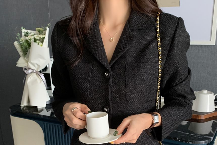 Notch Lapel Single-Breasted Plain Tweed Crop Blazer / High Rise Slit Midi Pencil Skirt