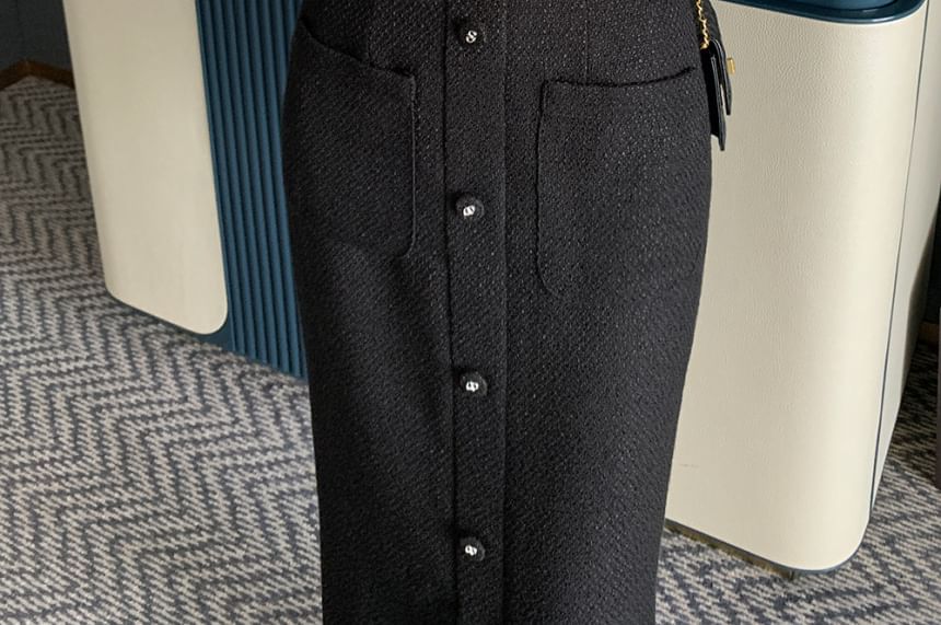 Notch Lapel Single-Breasted Plain Tweed Crop Blazer / High Rise Slit Midi Pencil Skirt