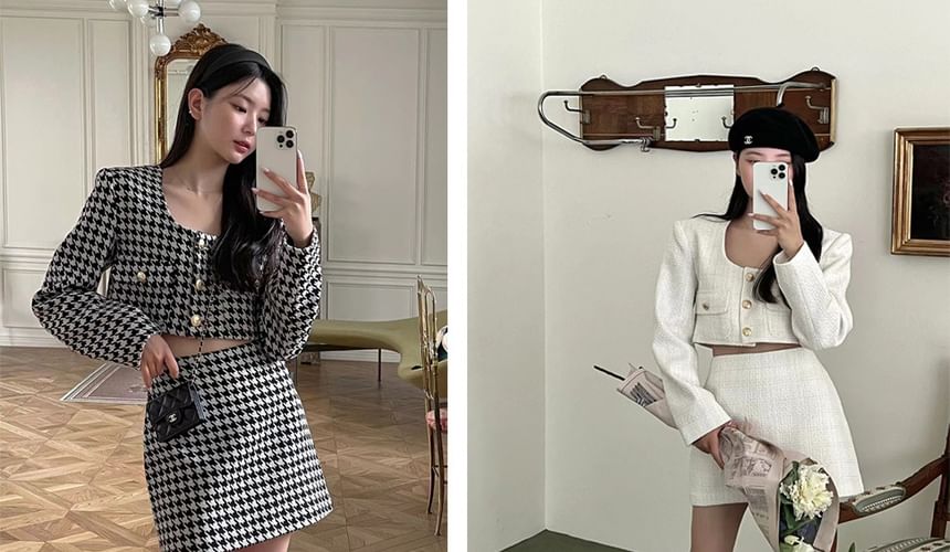 Scoop Neck Button-Up Tweed Crop Jacket / High Rise Mini A-Line Skirt